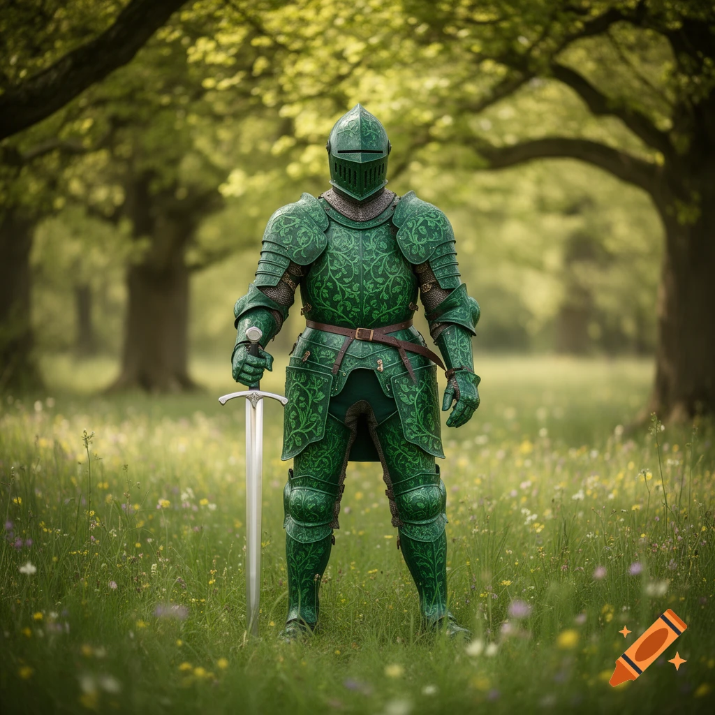 Photorealistic image of a knight in ornate green armor holding a sword, standing in a sunny, grassy forest.