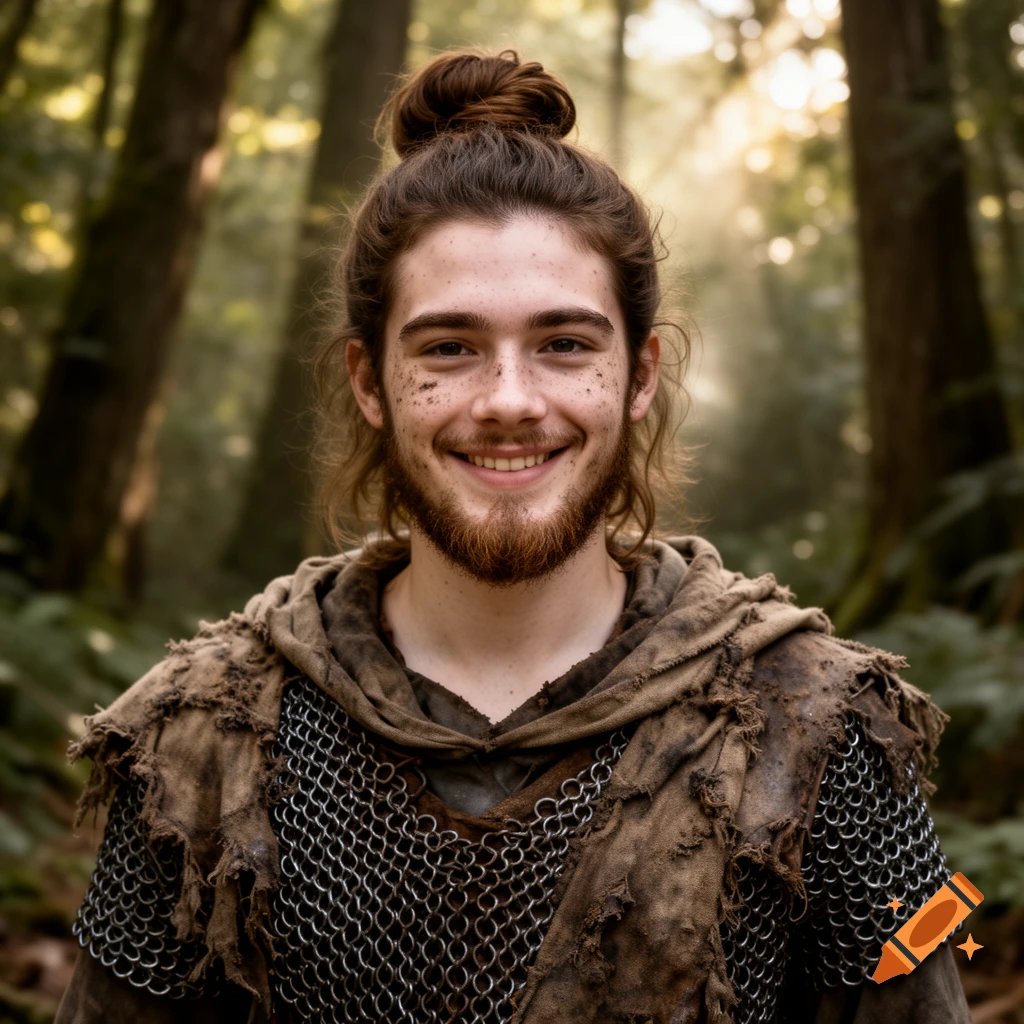 Photorealistic portrait of a smiling, dirty fantasy character with a bun and beard, wearing chainmail and rags in a sunlit forest.