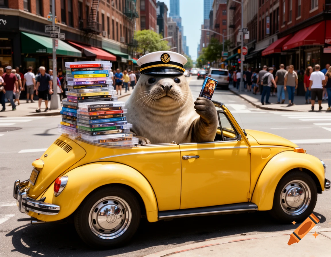A chubby harbor seal in a captain's hat drives a vintage yellow Volkswagen Beetle convertible packed with DVDs on a sunny city street.