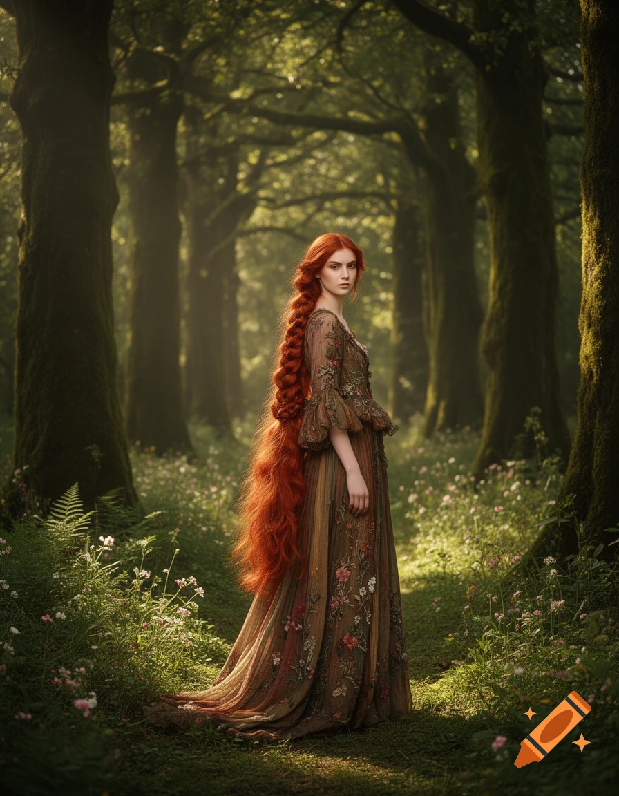 A woman with very long red braided hair in a flowing embroidered dress stands in a mystical, sun-dappled forest.