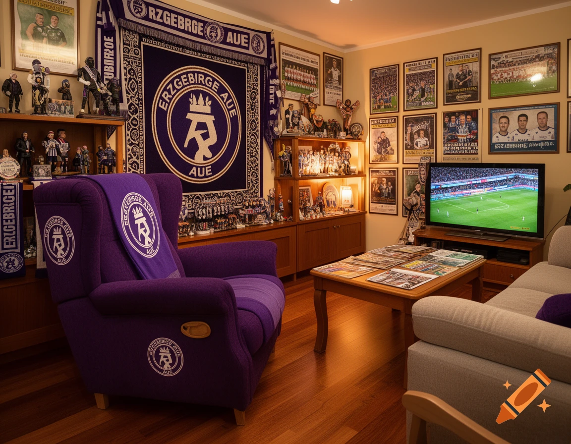 A photorealistic living room lavishly decorated with purple Erzgebirge Aue sports fan merchandise, including banners, posters, and a TV showing a football match.