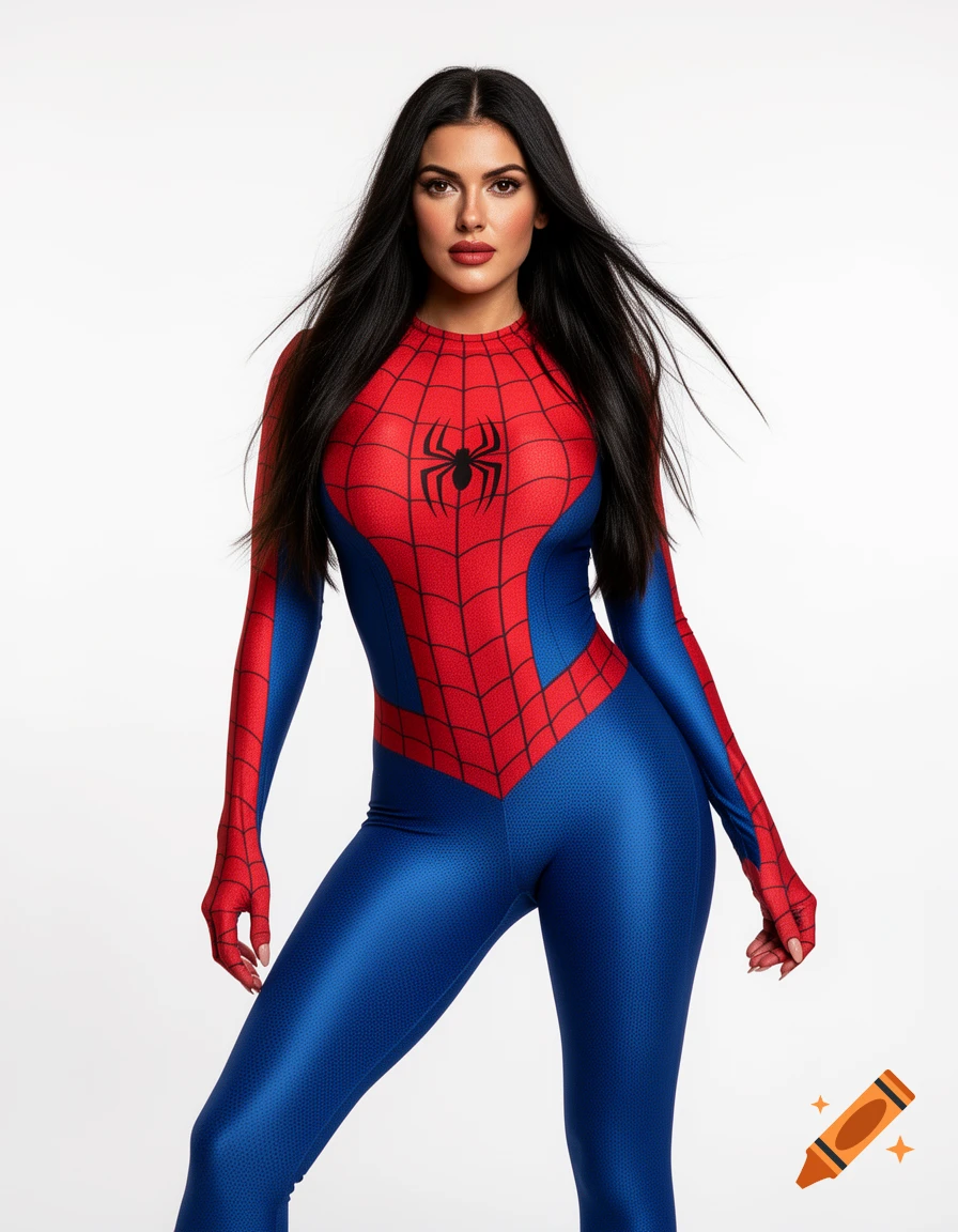 A beautiful woman with long dark hair wearing a blue and red Spiderman costume without a mask, in a photorealistic style.