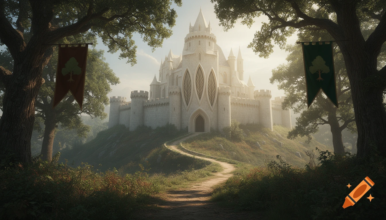 A majestic white fantasy castle on a hill, framed by tall oak trees with banners, a winding path leads to its entrance in photorealistic style.