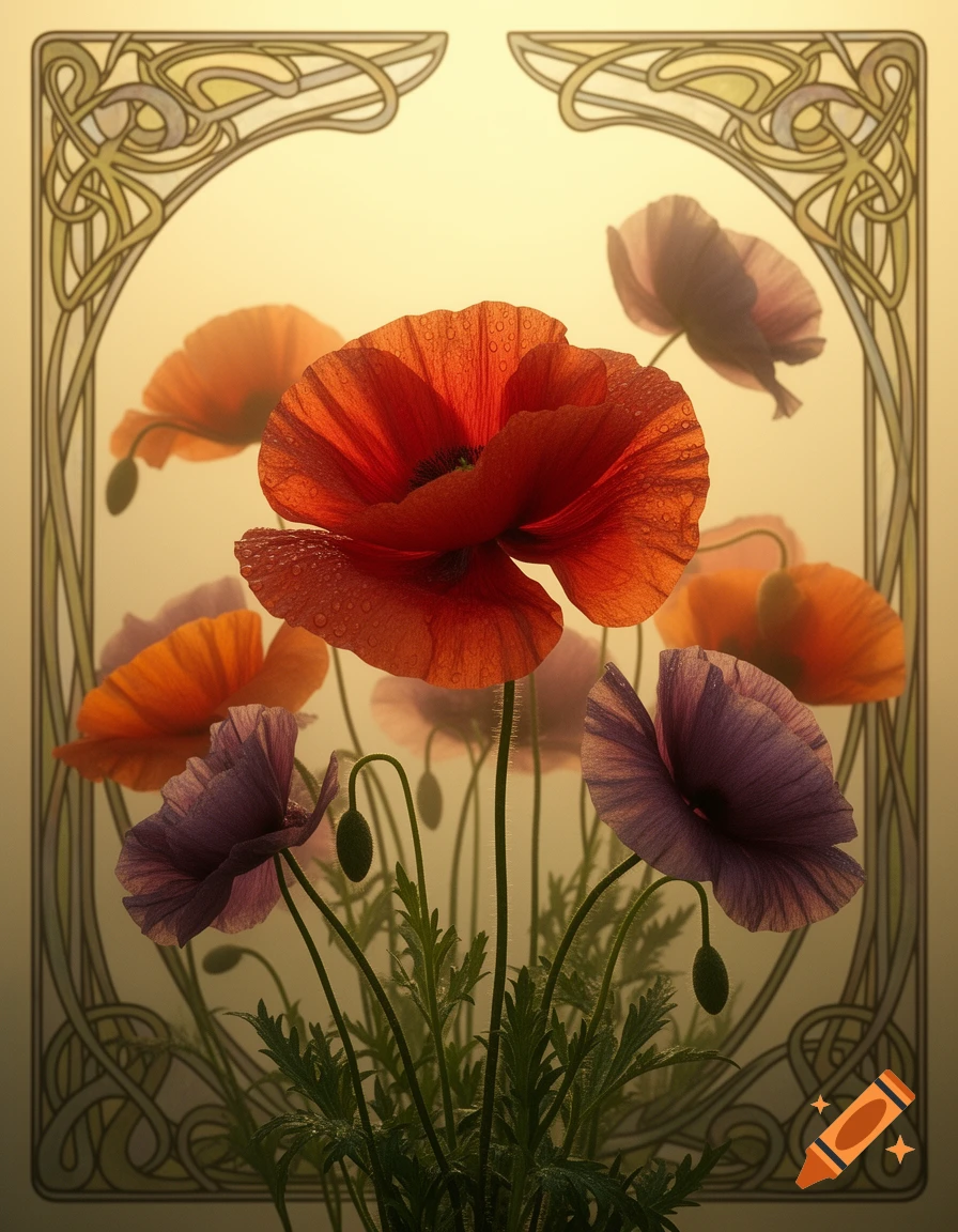 Red, purple, and orange poppies with water droplets on petals, set against a bright background within an intricate Art Nouveau frame.