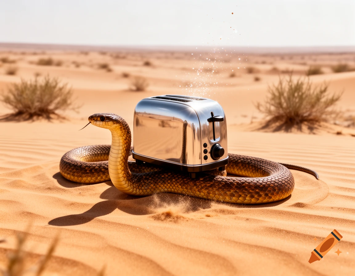 A brown snake with a chrome toaster on its back rests in a sandy desert with sparse bushes, sparks rising from the toaster.