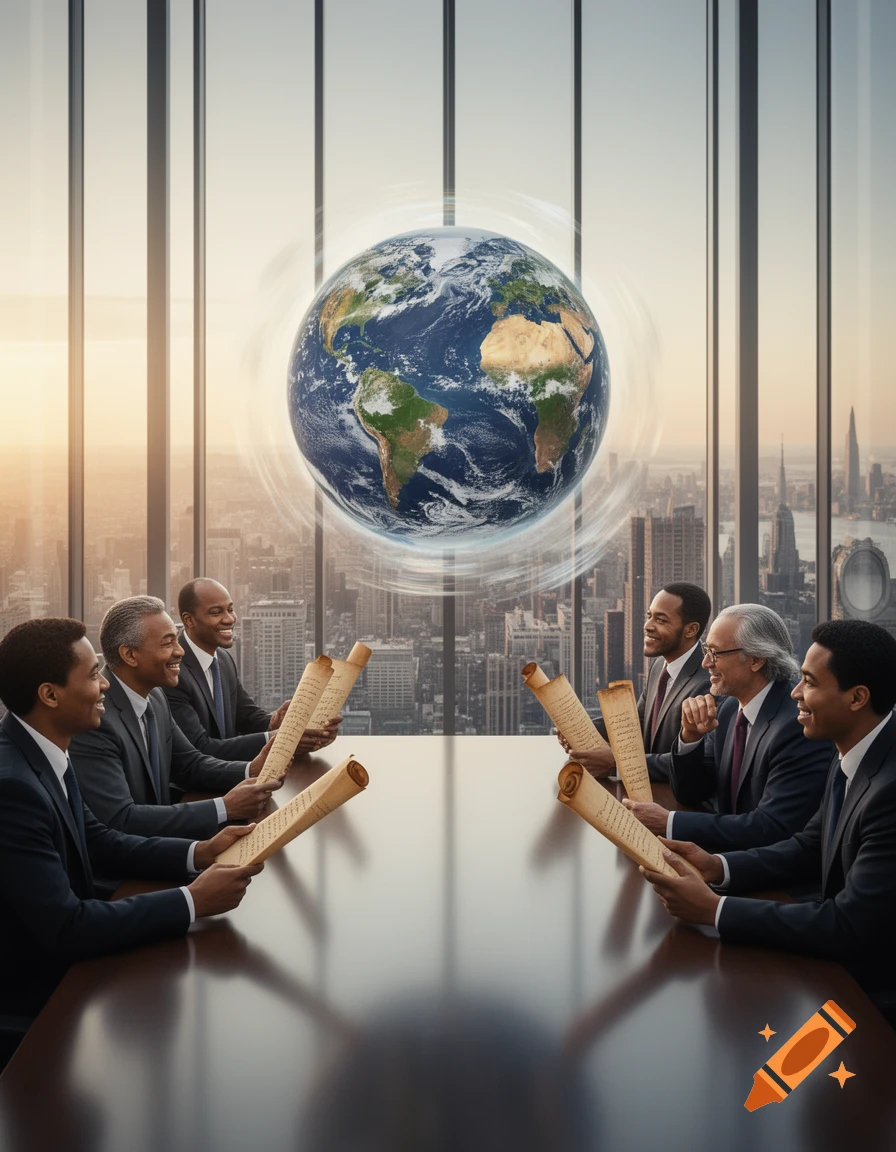 Six men in suits sit at a long table in a high-rise boardroom, looking at scrolls, with a large Earth floating above. Cityscape outside.