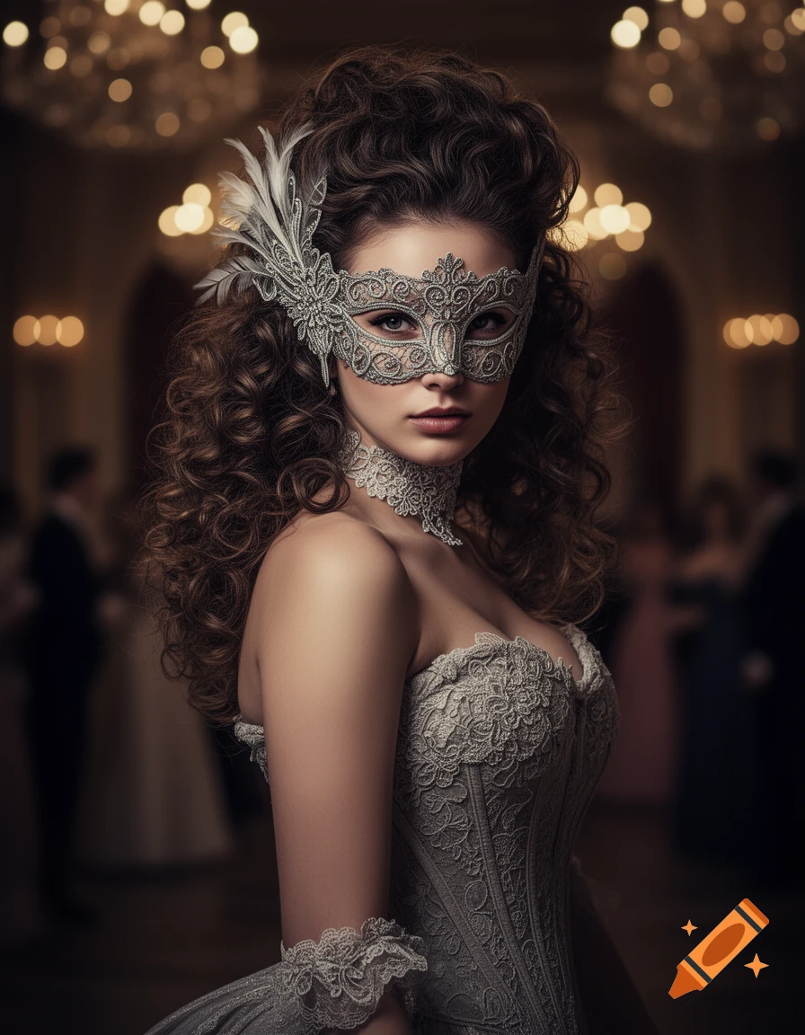 Elegant woman with voluminous curly hair wearing an ornate lace masquerade mask and a matching corset gown in a blurred ballroom.