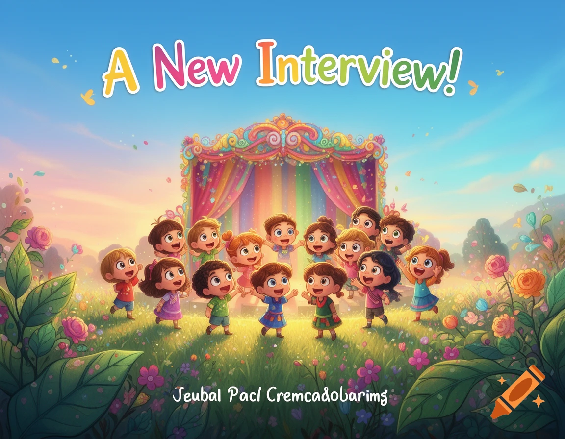 Joyful cartoon children in front of a colorful stage with flowers under a blue sky, titled 'A New Interview!'.