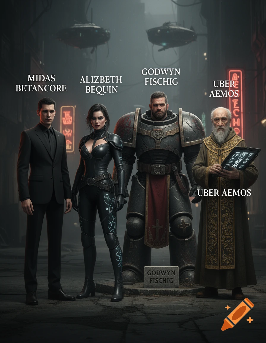 Four diverse characters from Warhammer 40k, including a man in a suit, a woman in a leather suit, a Space Marine, and a robed elder, stand in a grimdark cityscape with names labeled above.
