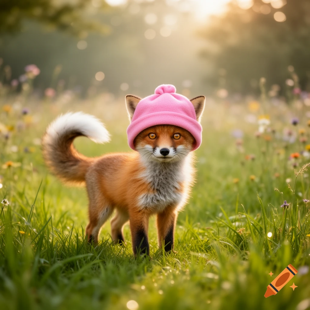 A cute photorealistic fox wearing a pink hat stands in a sunny grassy field with wildflowers.