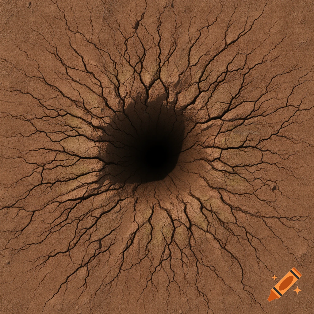 A dark, deep hole at the center of dry, cracked earth, with fine cracks spreading outwards, viewed from above.