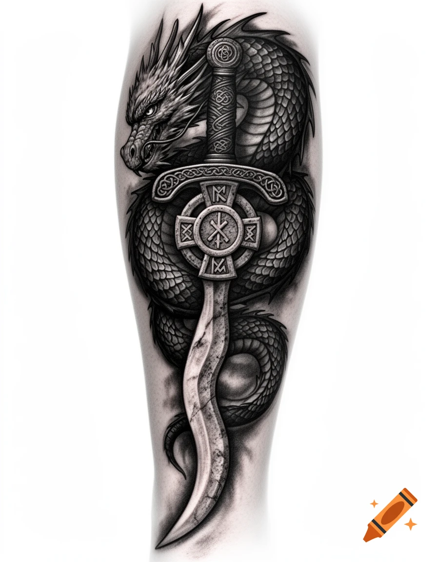 A black and grey tattoo design of a fierce dragon wrapped around a dagger with a Celtic cross guard and runic symbols, on a white background.
