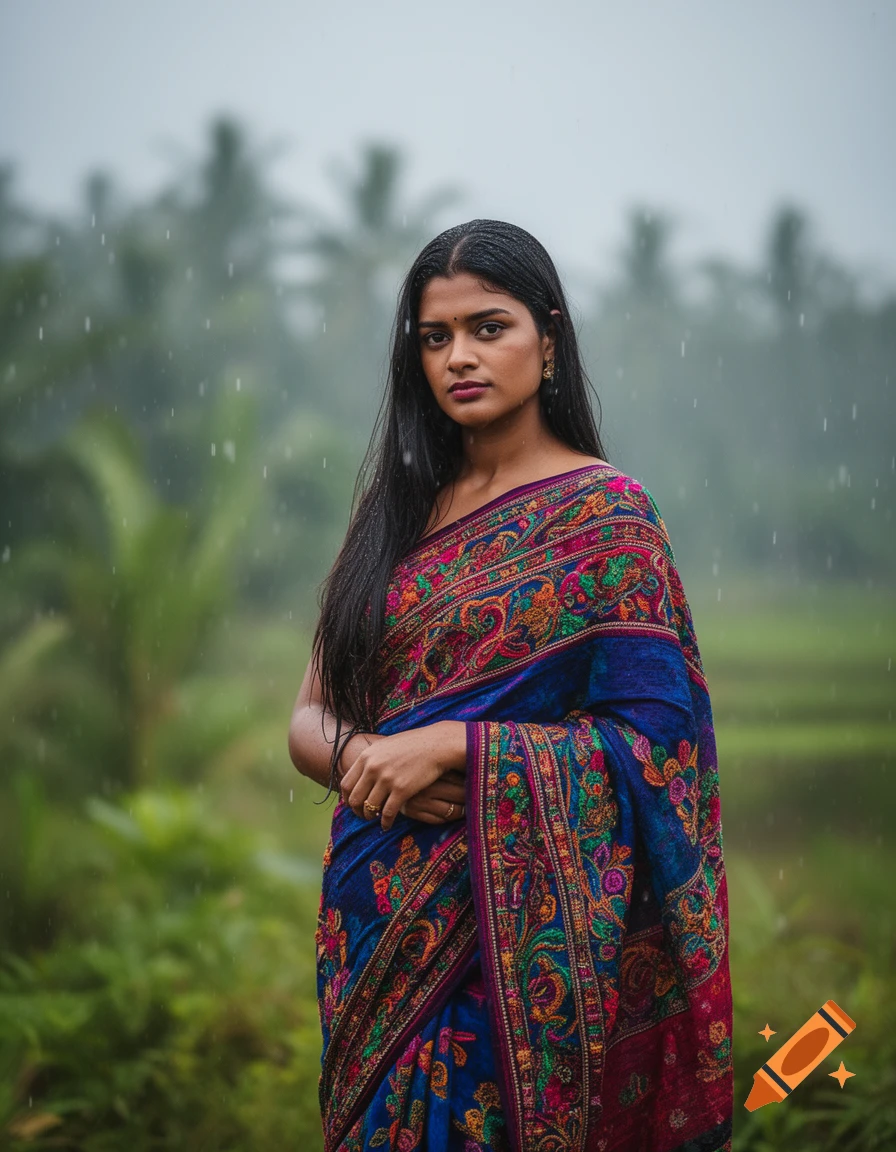 Photorealistic portrait of an Indian woman with wet hair and a colorful saree, standing in the rain.