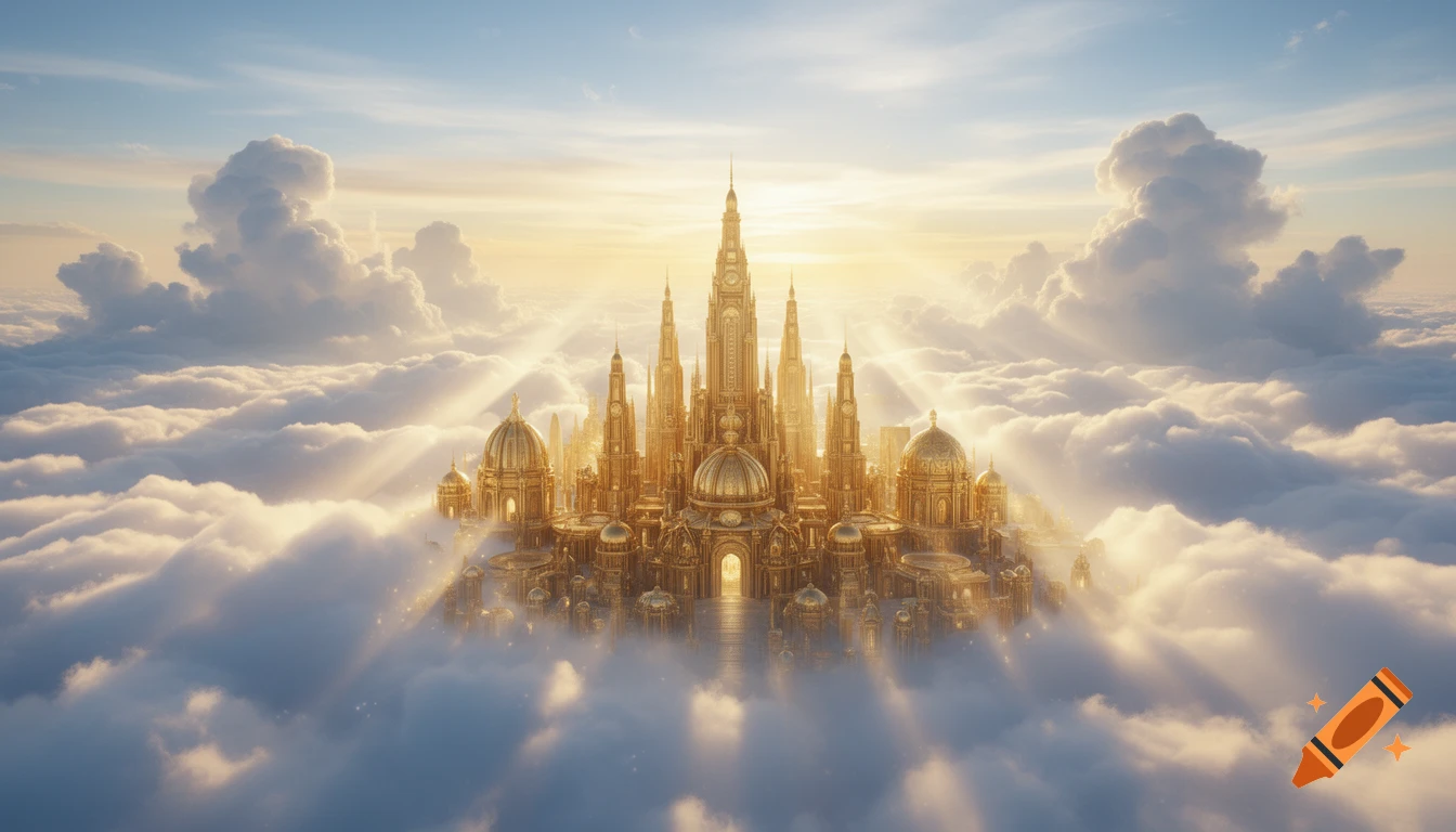 A majestic golden city with tall spires and domes emerges from a sea of clouds under a heavenly sky with sun rays.