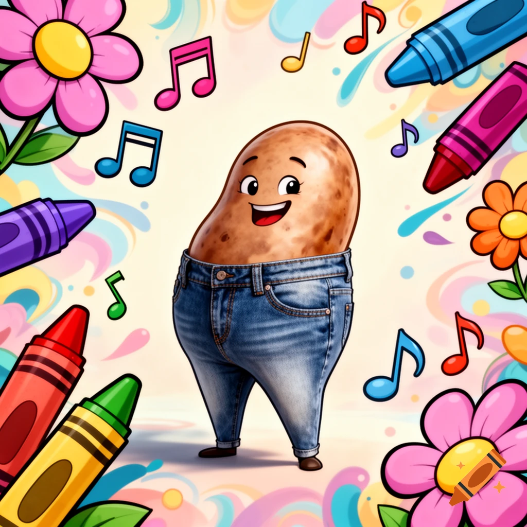 A smiling cartoon potato in blue jeans, surrounded by colorful crayons, flowers, and musical notes.