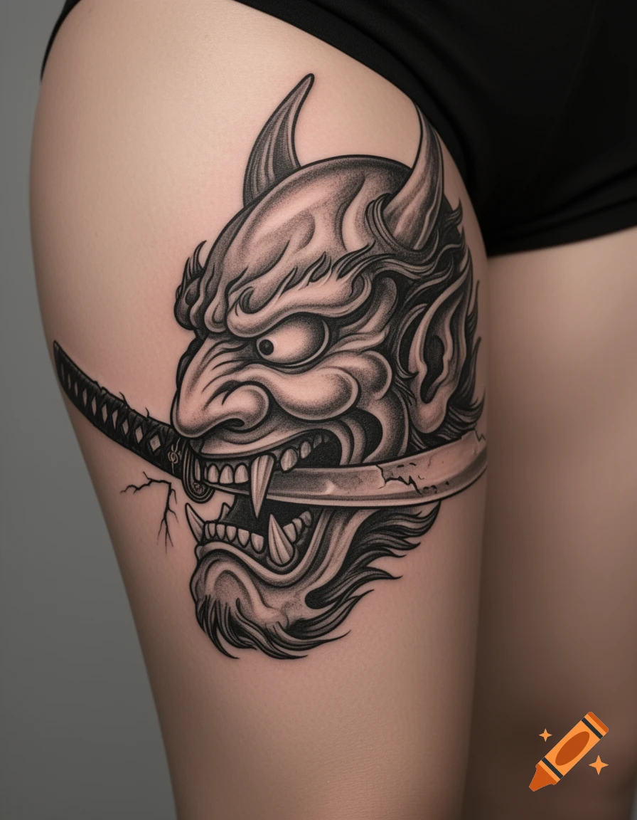 A black and grey tattoo of an angry Oni demon head holding a broken katana in its mouth, on a person's thigh.