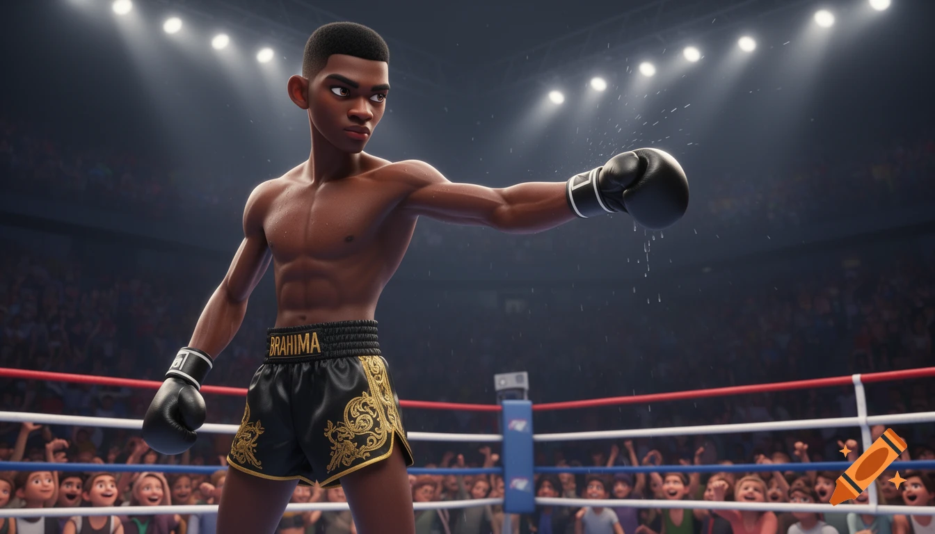A 3D animated young Black male boxer in a ring, wearing black shorts with gold trim and black gloves, throwing a punch.