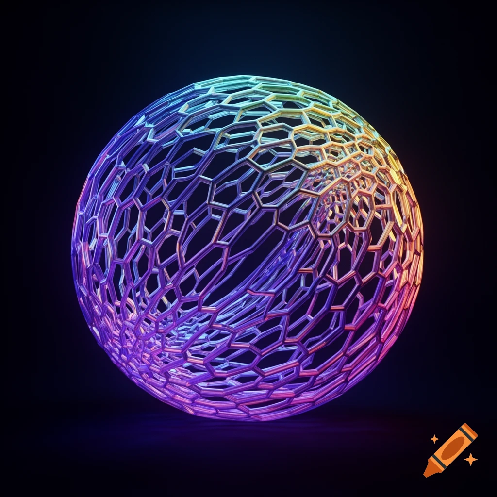 An iridescent, multi-colored sphere made of an intricate hexagonal lattice, glowing against a dark background.