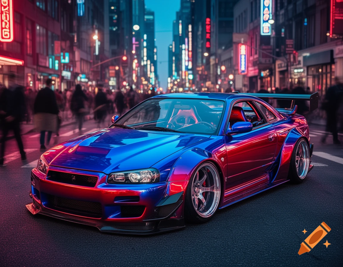 A blue and red customized sports car with a large spoiler parked on a city street at night, with blurred neon signs and people in the background.