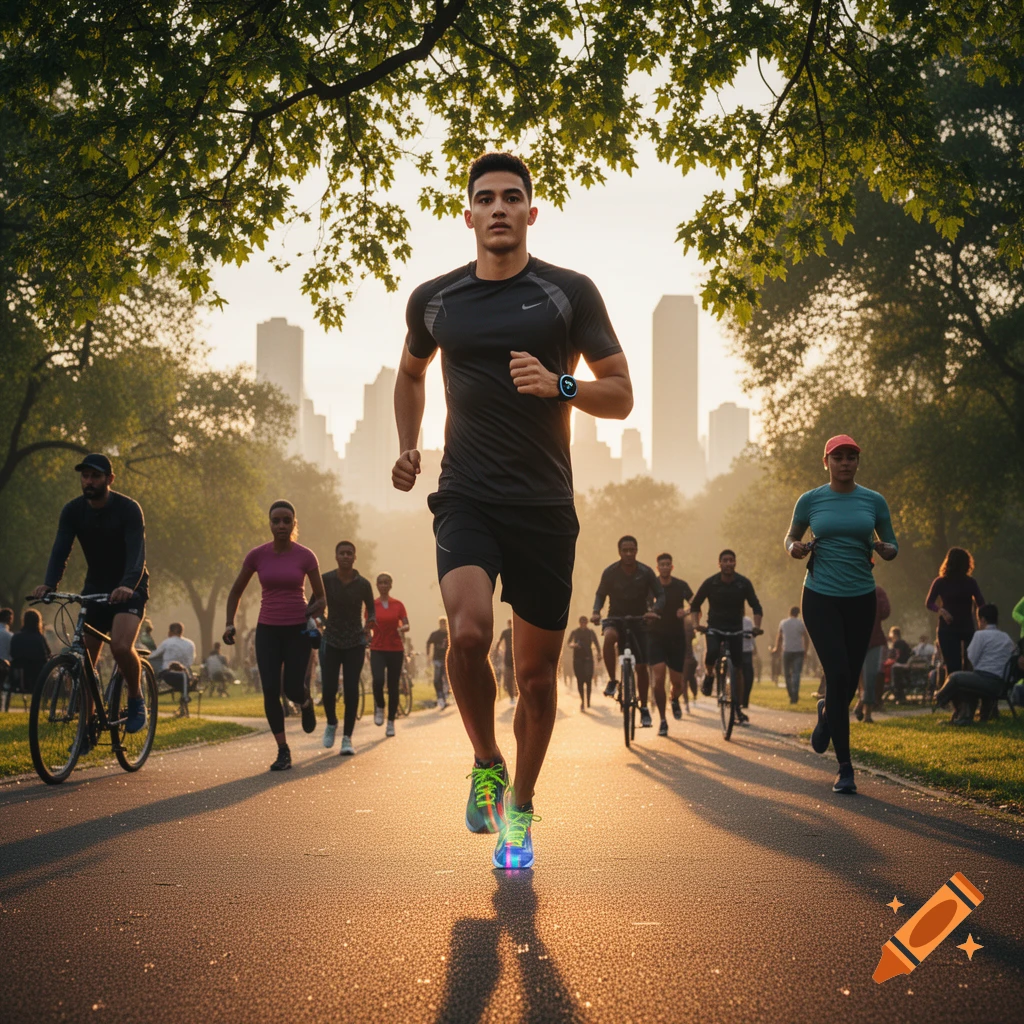 A man runs towards the camera on a sunlit park path, surrounded by other runners and cyclists with a city skyline in the background, photorealistic.