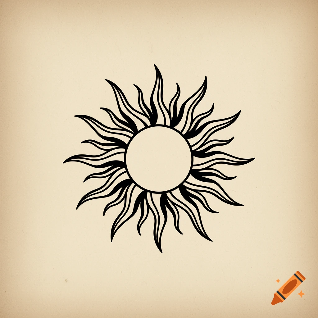 A black and white old-school tattoo-style illustration of a sun with wavy rays on a beige background.