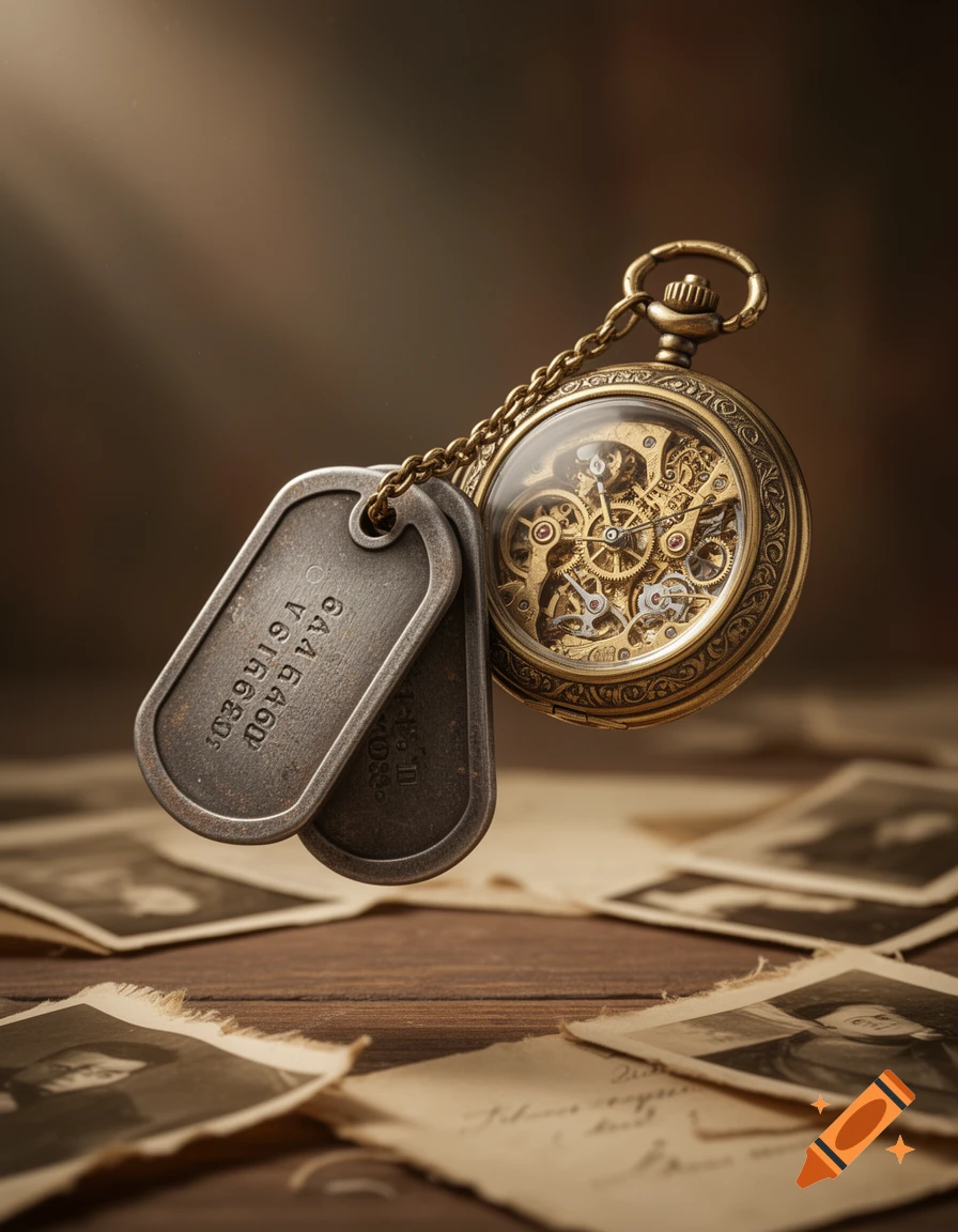 A vintage pocket watch and two dog tags suspended above a wooden table scattered with old, faded photographs.