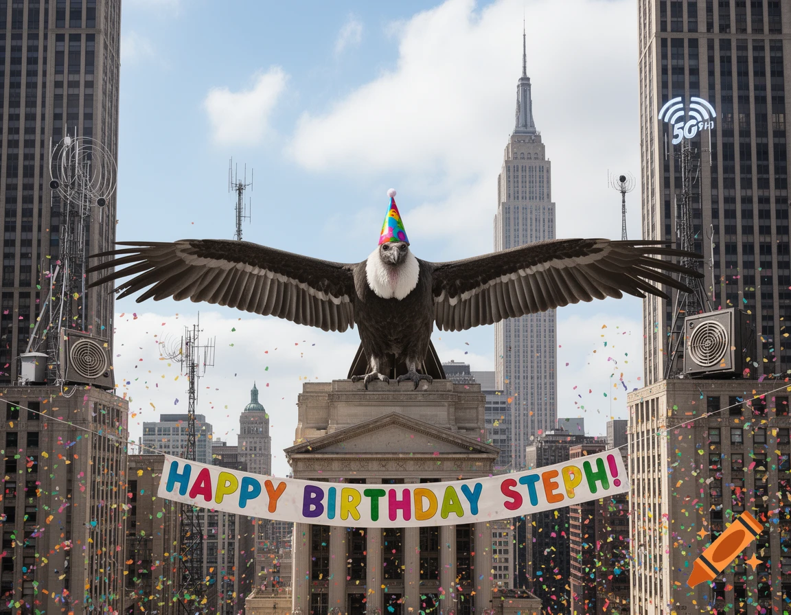 A giant condor with a party hat perches on a building in a city, wings spread, with confetti falling and a banner reading "Happy Birthday Steph!" across the skyline with the Empire State Building.
