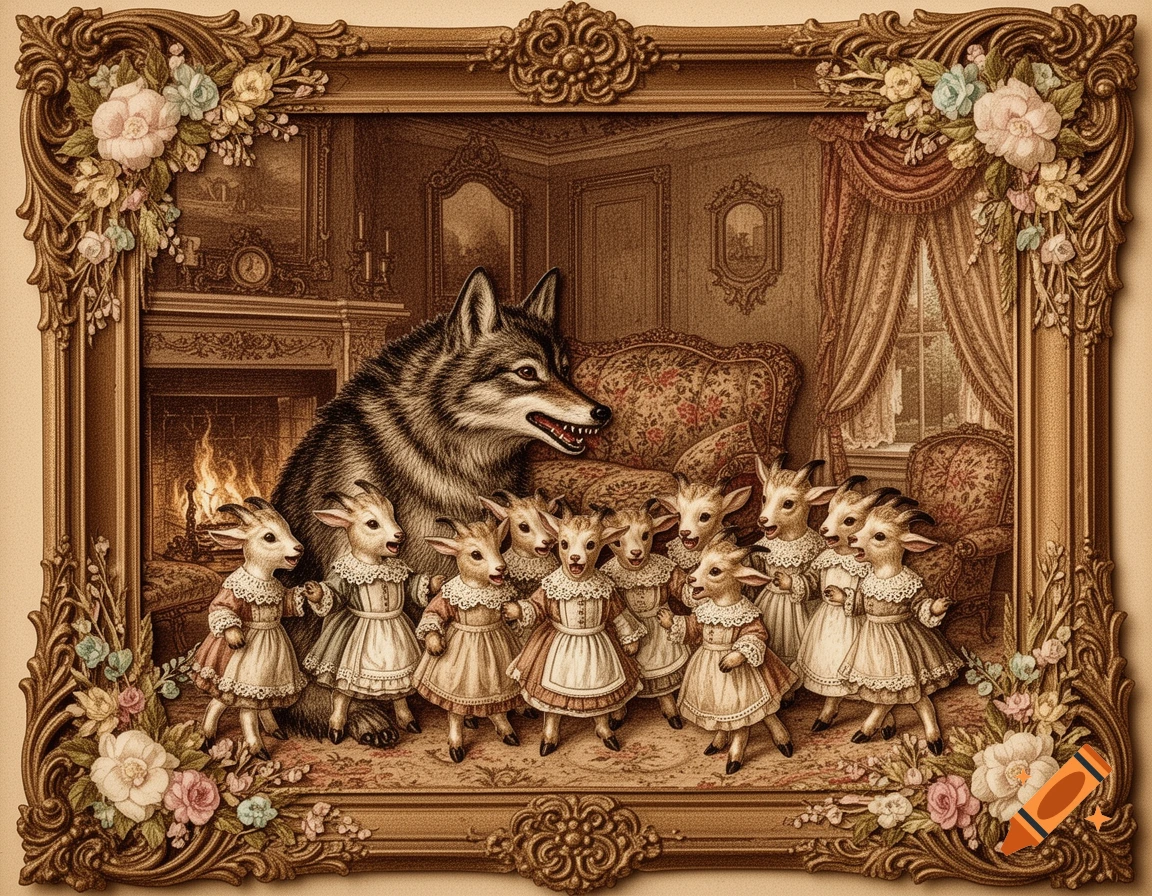 A menacing wolf watches a group of dancing young goats in a Victorian-style room, presented as a decoupage collage within an ornate floral frame.