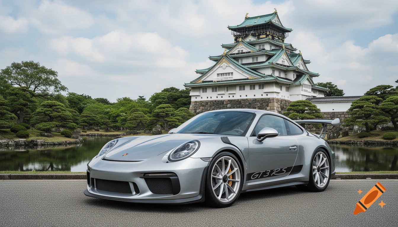 A silver Porsche 911 GT3 RS sports car parked on asphalt in front of Osaka Castle, with green trees and a pond.