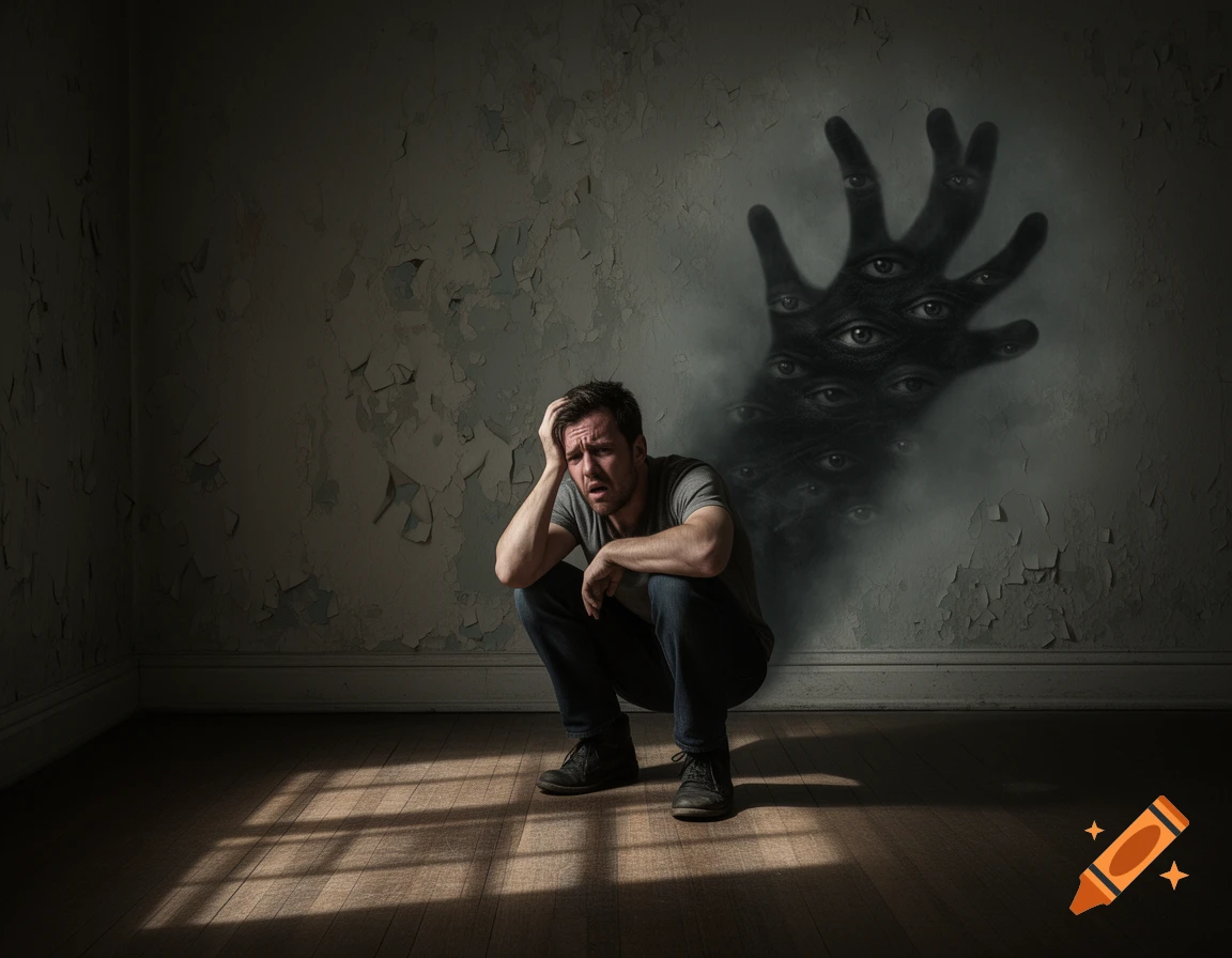 A distressed man crouches in a dark room with peeling walls, a shadowy hand covered in eyes looms behind him.