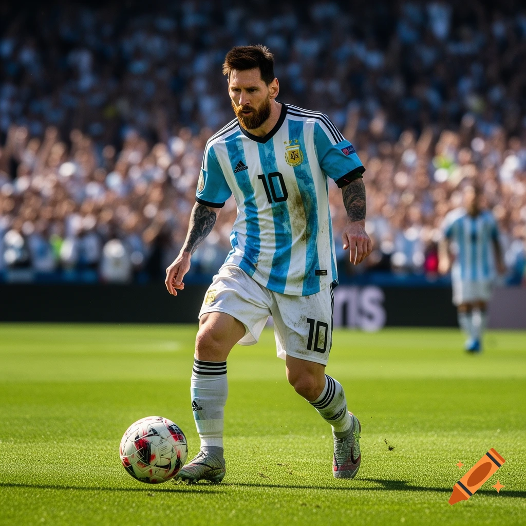 Photorealistic image of soccer player Lionel Messi in an Argentina jersey, number 10, dribbling a ball on a green field.