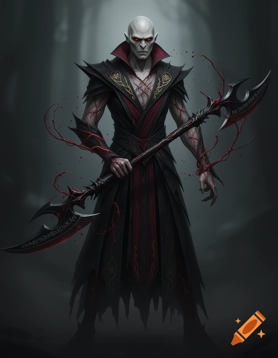 A terrifying gaunt dark fantasy blood mage with pale skin, red eyes, and a menacing expression, wearing dark robes with gold runes, holding a double-bladed glaive with blood magic effects, against a somber background.