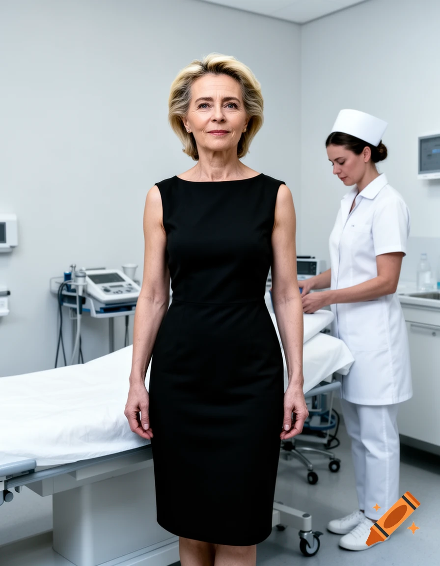 Photorealistic portrait of Ursula von der Leyen in a black dress, standing in a medical examination room with a nurse in the background.