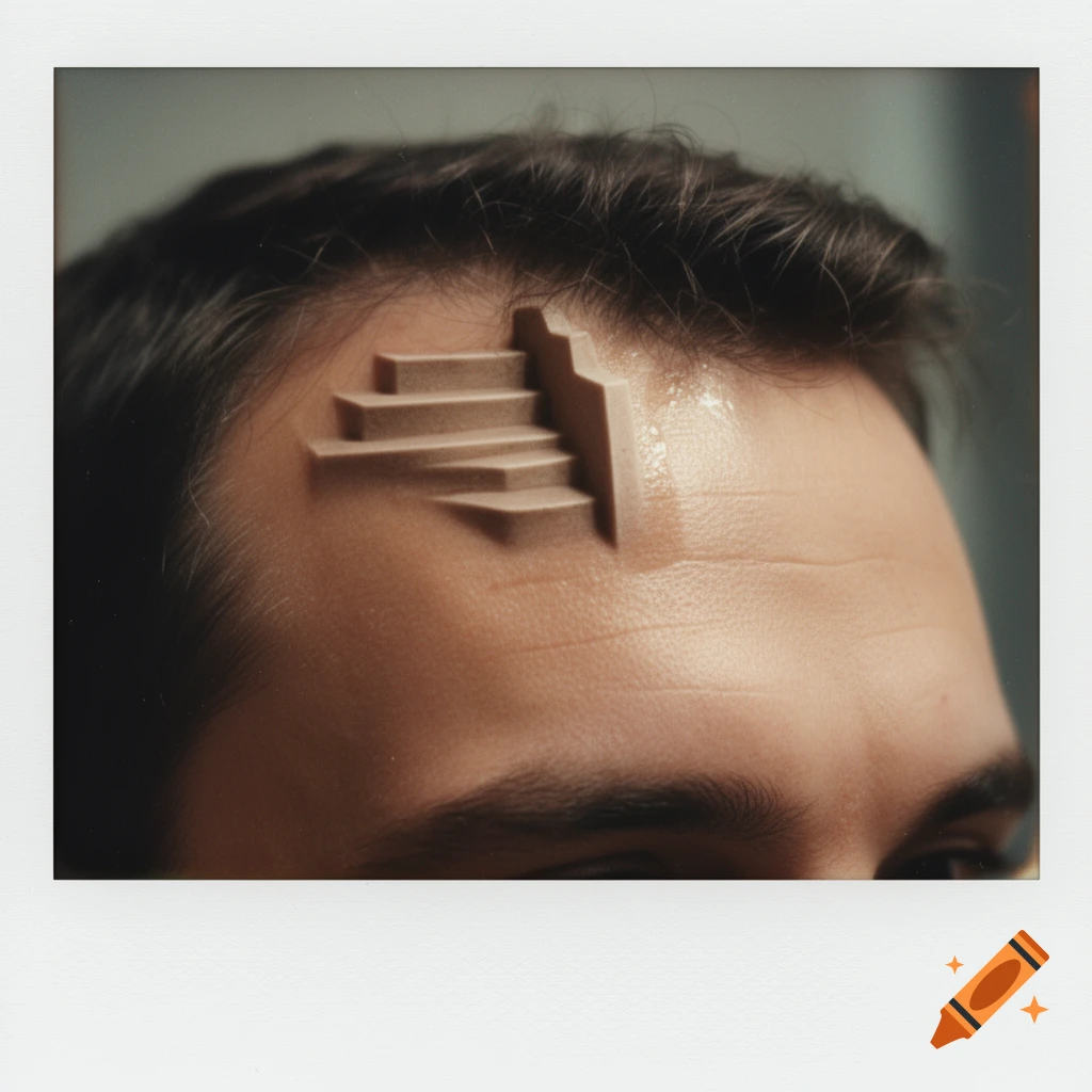 A close-up, photorealistic polaroid photo of a person's forehead with a small, light brown staircase structure protruding from the skin.