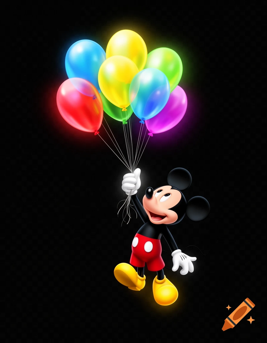 Mickey Mouse floats upward holding a bunch of glowing colorful balloons against a black background.