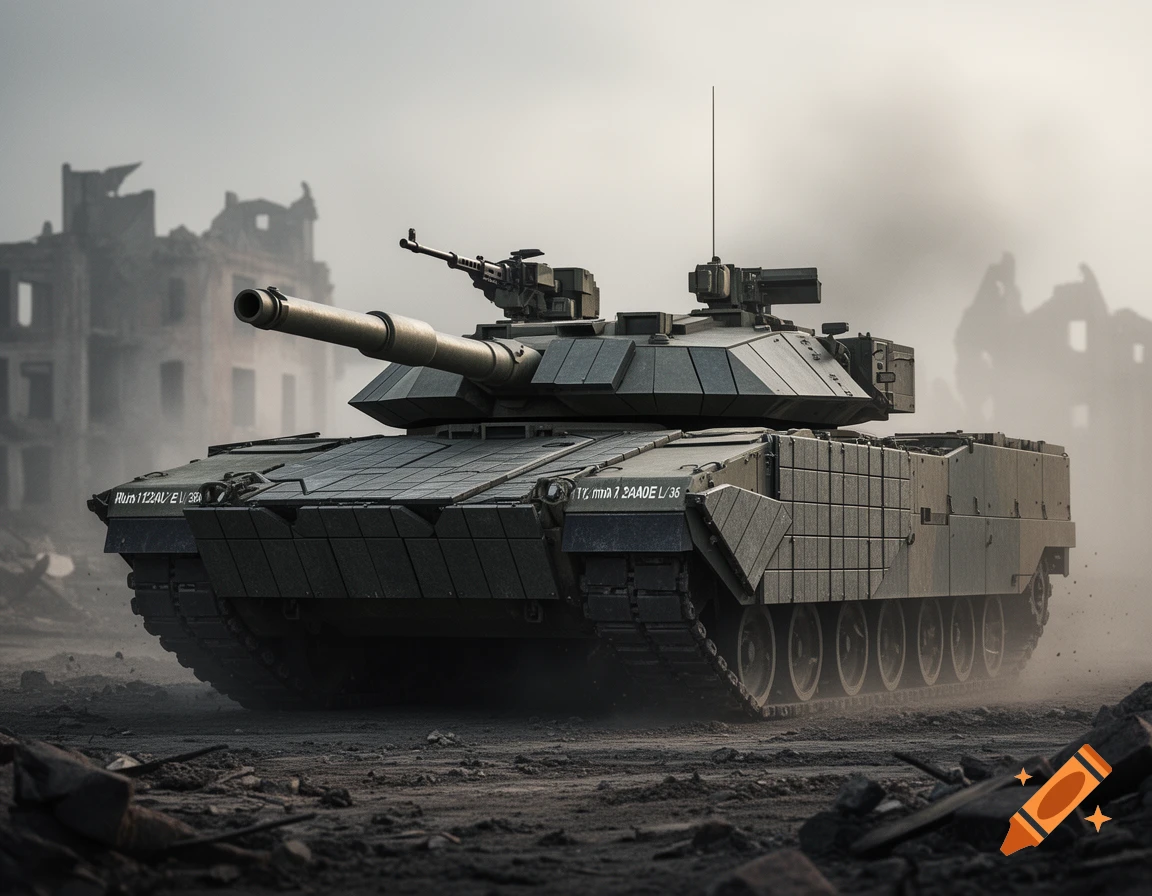 A photorealistic military tank with modular armor moves through a desolate, smoke-filled, ruined city under a hazy sky.