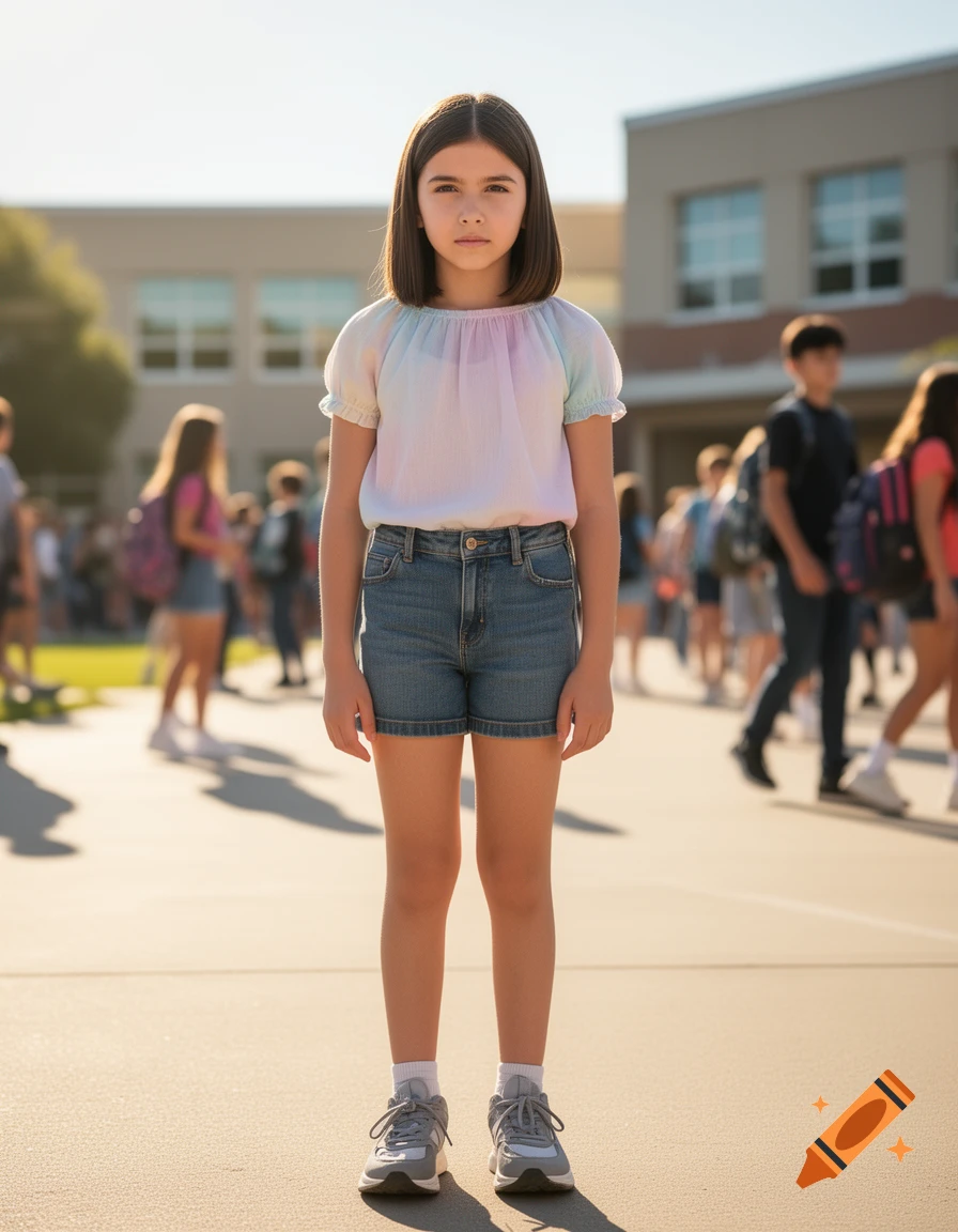 A young girl with dark hair, wearing a colorful blouse, denim shorts, and sneakers, stands in a schoolyard.