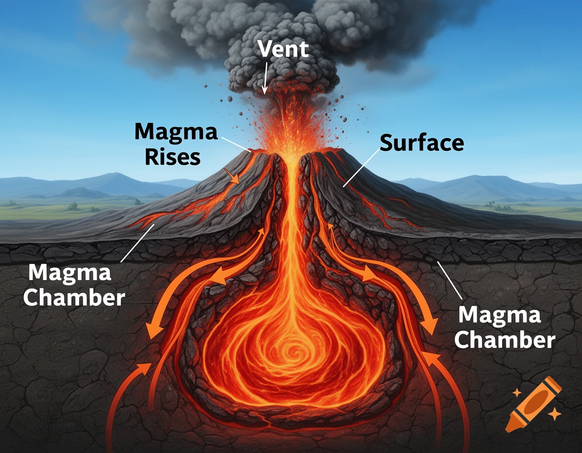 Detailed cross-section diagram of an erupting volcano, labeling the magma chamber, rising magma, vent, and surface.