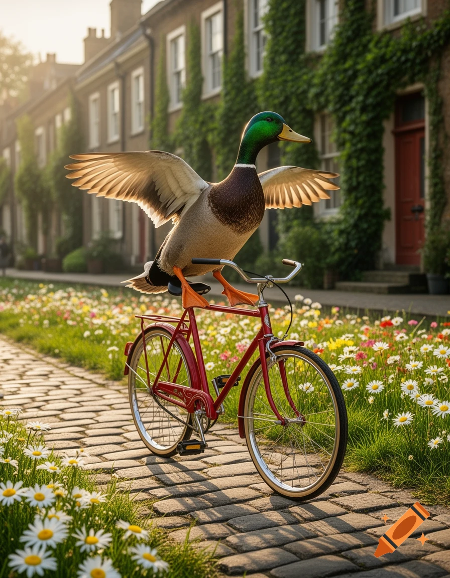 A photorealistic mallard duck stands with wings spread on a red bicycle on a cobblestone path, surrounded by wildflowers and old brick houses at sunset.