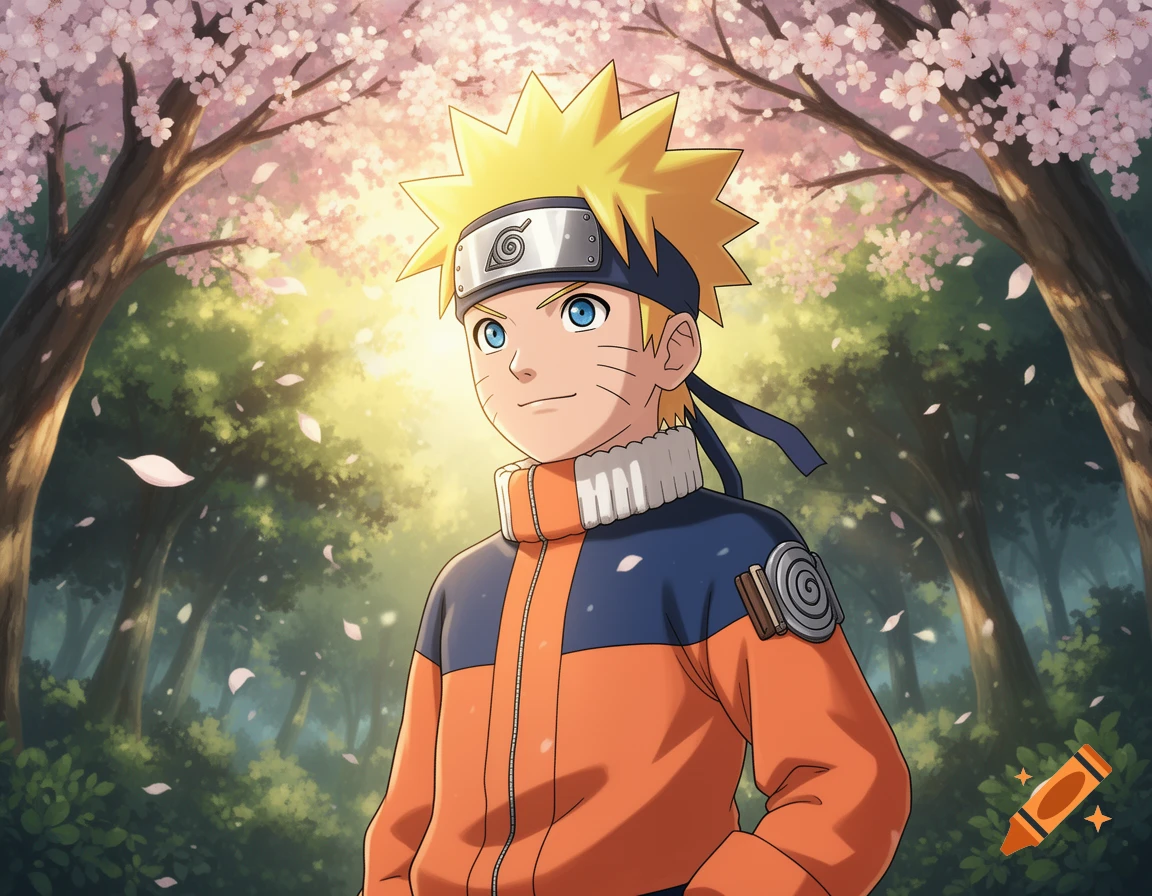 Naruto Uzumaki stands smiling under pink cherry blossom trees in a vibrant anime style forest.