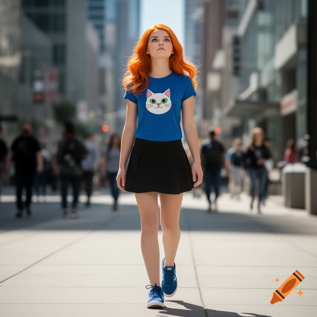 A young woman with long orange hair, wearing a blue t-shirt with a white cartoon cat face and a black skirt, walks towards the viewer on a sunny city street.