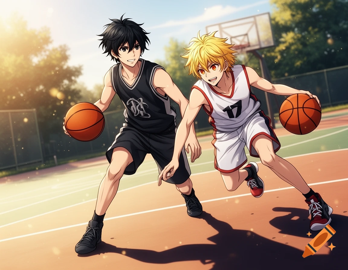 Two anime boys, one with dark hair and one with blonde hair, play basketball on an outdoor court.