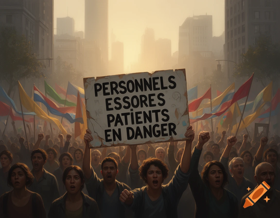A large crowd of protesters in a hazy city street, one holding a sign that reads 'PERSONNELS ESSORES PATIENTS EN DANGER'.