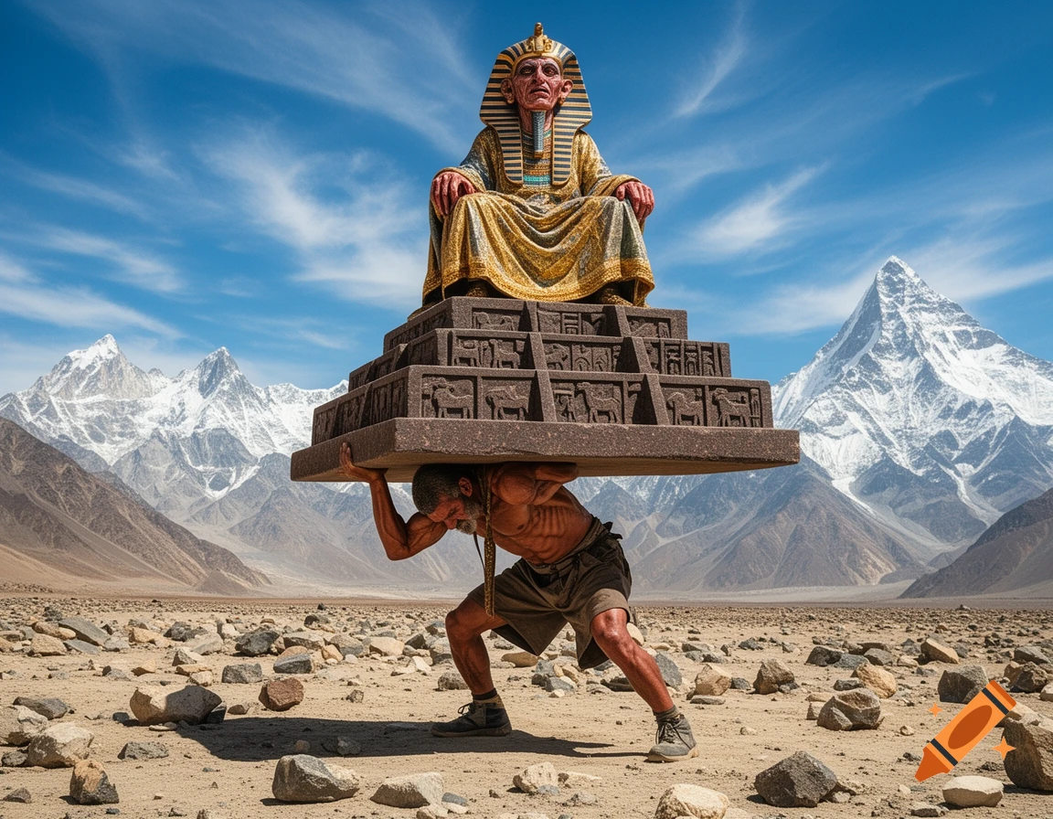 A strong man carries a large stone platform topped with an ancient Egyptian pharaoh statue through a rocky desert with snow-capped mountains.