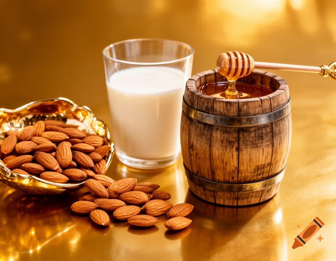 A still life of almonds in a golden bowl, a glass of milk, and a wooden barrel of honey with a dipper on a golden surface.