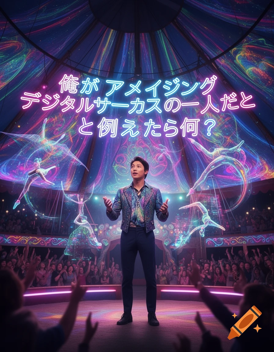 A man in a colorful jacket stands on a stage in a neon-lit digital circus, surrounded by holographic performers and an audience.