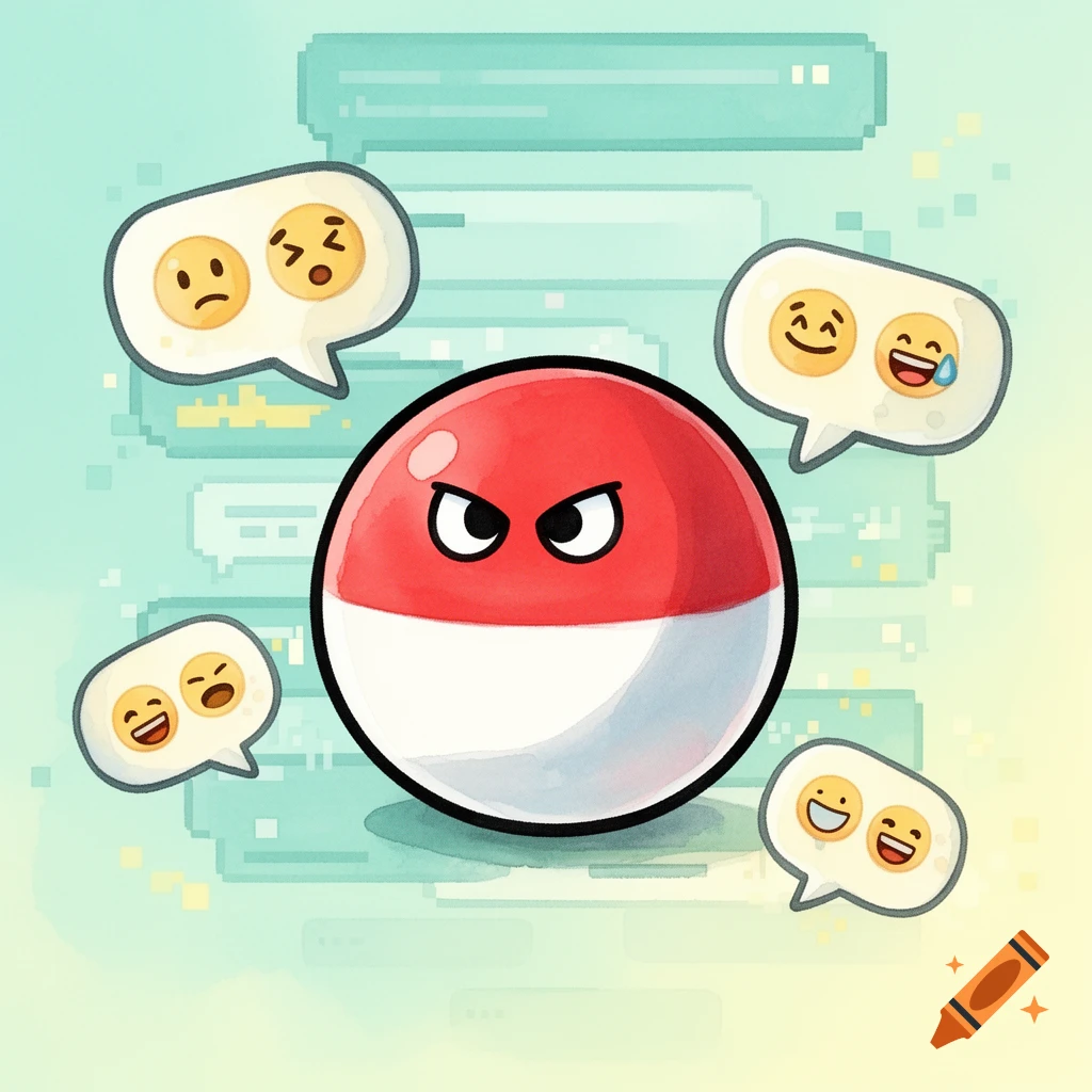 A cartoon Polandball with angry eyes surrounded by speech bubbles containing various emojis on a pixelated light green background.