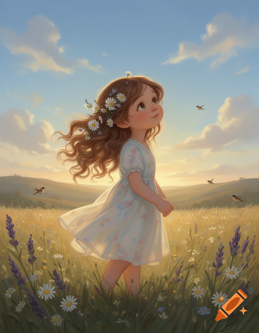 Whimsical illustration of a young girl with daisy-decorated hair standing in a sunlit wildflower field, looking up at the sky.