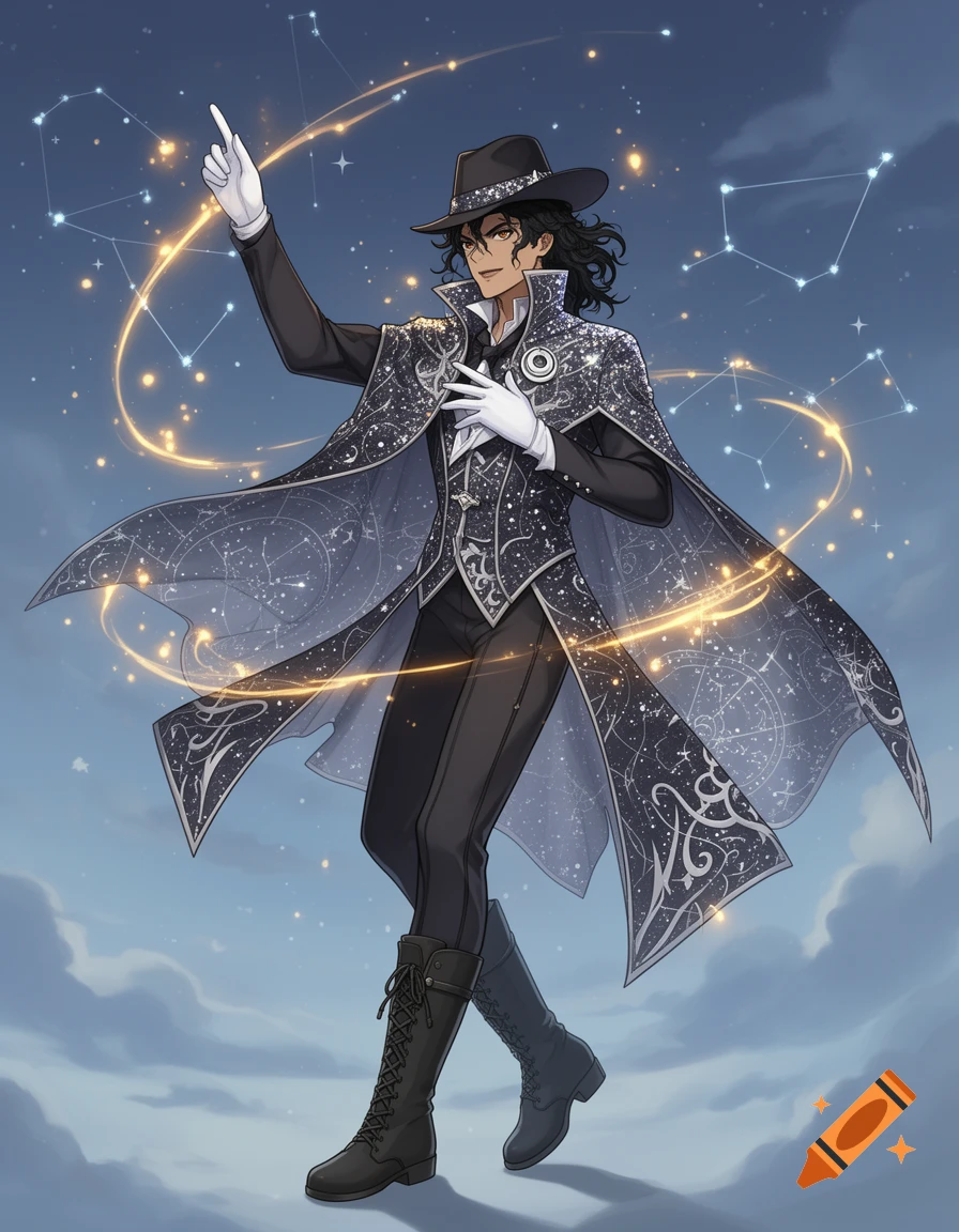 An anime-style male character, resembling Michael Jackson, in a black hat, star-spangled cape, and white gloves, pointing upwards amidst constellations.