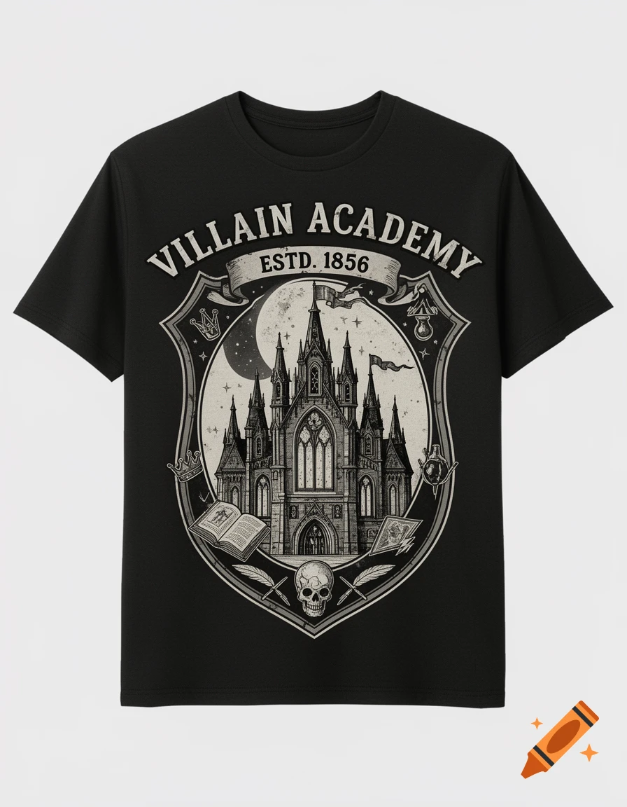 Black t-shirt with a vintage gothic school crest featuring a castle, crescent moon, skull, and text 'VILLAIN ACADEMY ESTD. 1856'.